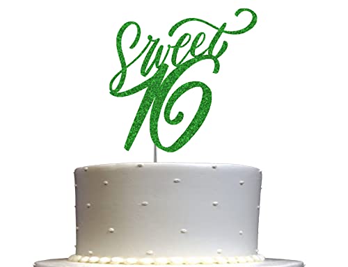 Sweet 16 Glitter Cake Topper, Sixteen Birthday Party Dekorationen Ideen, Premium Qualität Dekoration, Stabiler Doppelseitiger Glitzer, Acryl Stick Made in USA (Grün) von RokAPary