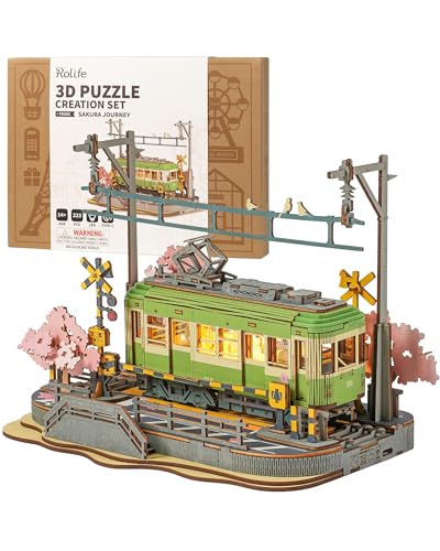 Rolife 3D Puzzle Sakura Reise Holzpuzzles für Erwachsene zu Bauen Sakura Densya Modell Kits mit LED-Lichtern Animation Szene Wohndekoration Romantische Geburtstagsgeschenke für Sie/Ihn von Rolife