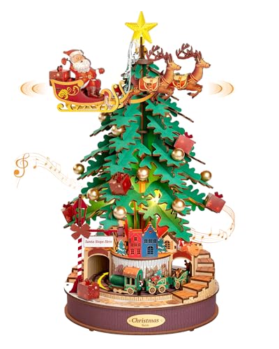 Rolife 3D Puzzle für Erwachsene zum Bauen Weihnachtsbaum Spieluhr mit Spinnzug Holzmodellbausätze mit Musik und LED Licht Kreative Geschenke für Weihnachten von Rolife