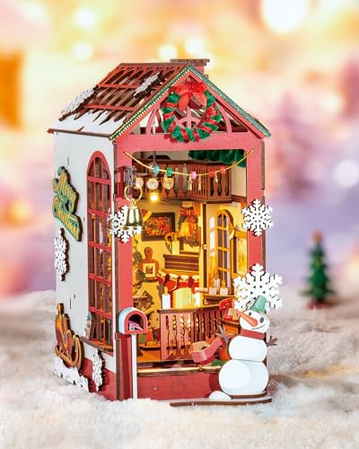 Rolife Book Nook Kit Weihnachtsstraße und Indoor 3D Puzzle BookNook Diorama Bausatz mit Weihnachtsbaum und Möbel Bücherregal Dekoration Geschenk dor Erwachsene (Weihnachten Indoor) von Rolife