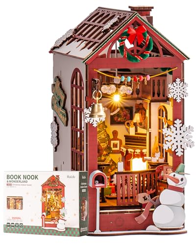 Rolife Book Nook Kit für Erwachsene DIY Miniature House mit LED-Licht für Buchstütze Bibliothek Bücherregal Dekoration 3D Puzzle Buchstützen aus Holz Erwachsene Booknook (Weihnachten Indoor-Szene) von Rolife