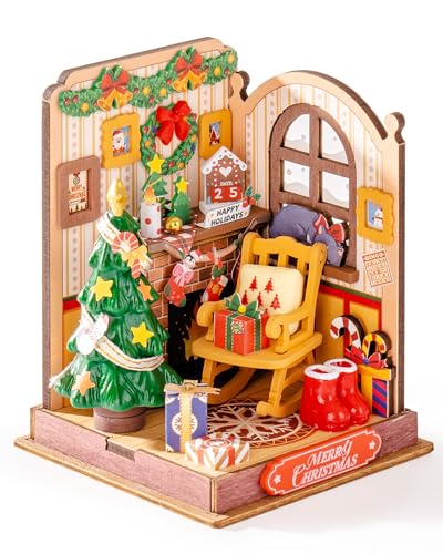 Rolife Miniatur Haus Selber Bauen Christmas Fireplace Miniature House Bausatz DIY Set Erwachsene Deko für Schreibtisch oder Bücherregal Puppenhaus 3D Holzpuzzle Modellbausatz DS041 von Rolife