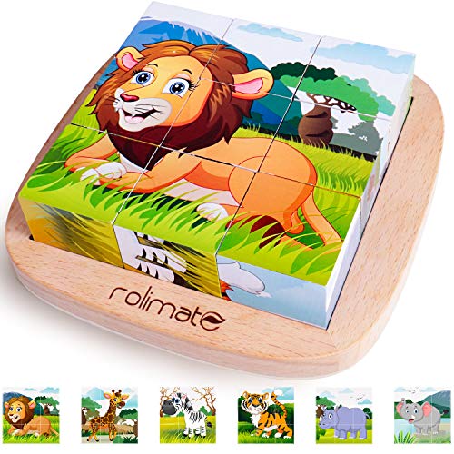 Rolimate Bilderwürfel Holz, Holzpuzzle 3D Würfelpuzzle Puzzlespiele 6 in 1 Tier-Motive mit 9 Würfel Holzspielzeug für Kinder ab 2 3 4 Jahren, Montessori Vorschule Lernspielzeug, 16 x 16cm, bunt von Rolimate