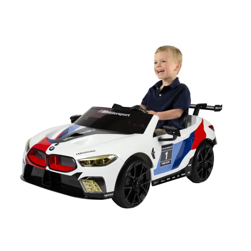 Rollplay Elektroauto BMW M8 GTE 12V mit Fernbedienung – Lizensiert – Softstart – 5 km/h Elektrofahrzeug für Kinder ab 3 Jahren, Hupe, Sicherheitsgurt, öffnende Tür, Lichter vorne, MP3, weiß 32802 von Rollplay