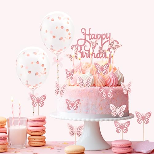 Romon 15 Stück Schmetterling Tortendeko liefert Set, Tortendeko Geburtstag mit 2pcs Rose Gold Ballons für Jungen Mädchen alles Gute zum Geburtstag Party Dekorationen von Romon