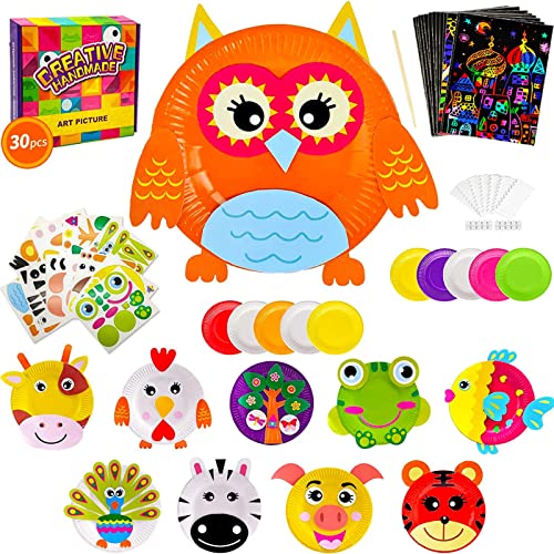 Rongbaor 30 Pcs Runde Aufkleber für Pappteller Bastelset Kinder Tier-papier-bastelset Diy Set Montessori Spielzeug ab 3 4Kinder Geschenk Mädchen Jungen 3 4 5 6 7 8 Jahre von Rongbaor