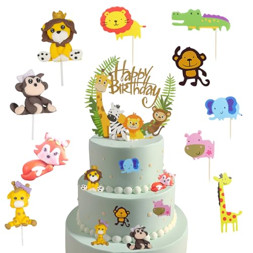 Rongxze 12 Stück Waldtiere Cake Topper, Tortendeko Geburtstag, Wald Tiere Happy Birthday Kuchendeko für Junge Mädchen Kindergeburtstag Cake Zoo Dschungel Tortendeko von Rongxze