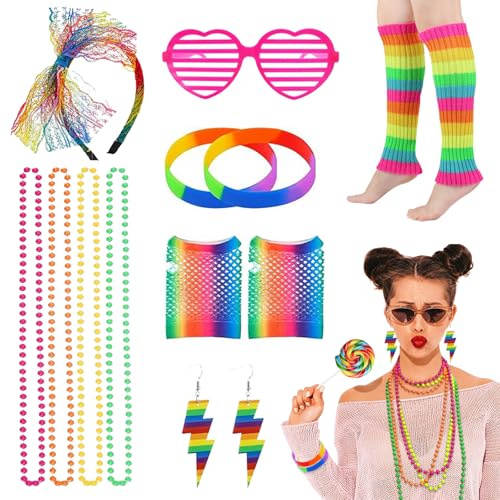 80er Jahre Kostüm für Damen, Regenbogen 1980er Jahre Zubehör für Frauen Kostüm Zubehör Set mit Beinwärmer Halskette Armband Schleife Stirnband Fischnetz Handschuhe Ohrringe Hohlbrille Mädchen Kinder von Ronilp