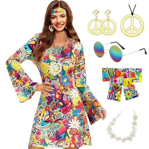 Hippie Kleidung Damen,5 StüCk 60 Er 70er Jahre Hippie Kleid,Halskette Ohrringe Sonnenbrille Disco Fever Kleidung Frau Frauen Damen Kleid FüR Karneval Motto Party,Halloween KostüM Damen (C, L) von Ronronner