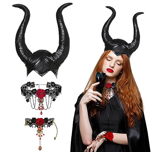 Ronronner 3 Pcs Maleficent KostüM Set,Maleficent KostüM Damen,KöNigin HöRner KostüM Mit Gothic Spitze Halskette Und ArmbäNder HexenkostüM, Halloween Kopfschmuck KostüM FüR Damen Cosplay Maskerade-Red von Ronronner