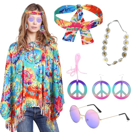 Ronronner 70er Jahre Outfit Damen für 6 Stück, Hippie Kostüm Damen, Hippie Kleidung Damen, Fasching Hippie Damen Set Inklusive Hippie Poncho Halskette Ohrringe Stirnband Hippie Sonnenbrillen von Ronronner