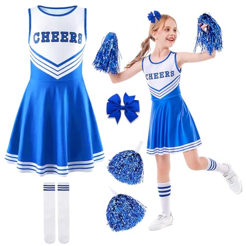 Ronronner Cheerleader Kostüm Kinder, Cheerleader Kostüm, Cheerleader, Cheerleader Kostüm Damen, Cheerleading Uniform Kleid mit Socken und Kopfschmuck für Karneval, Fasching, Mottoparty (Blue, 120) von Ronronner