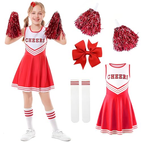 Ronronner Cheerleader Kostüm Kinder, Cheerleader Kostüm Damen, Cheerleading Uniform Kleid mit Socken und Kopfschmuck für Karneval, Fasching, Mottoparty (Red, 120) von Ronronner