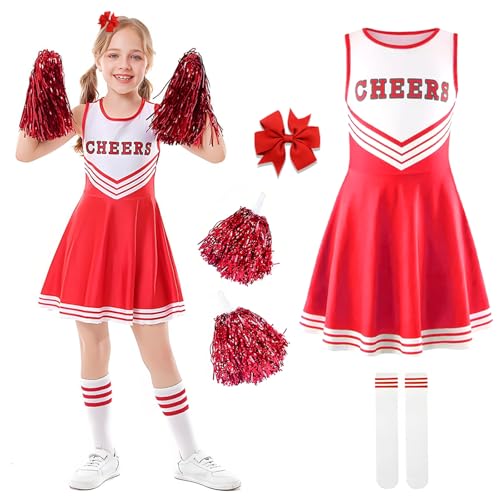 Ronronner Cheerleader Kostüm Kinder, Cheerleader Kostüm, Cheerleader, Cheerleader Kostüm Damen, Cheerleading Uniform Kleid mit Socken und Kopfschmuck für Karneval, Fasching, Mottoparty (Red, 120) von Ronronner