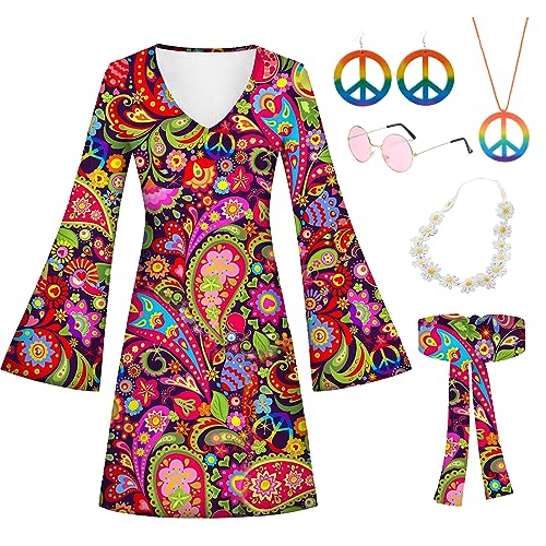 Ronronner Hippie Kleidung Damen,5 StüCk 60 Er 70er Jahre Hippie Kleid,Halskette Ohrringe Sonnenbrille Disco Fever Kleidung Frau Frauen Damen Kleid FüR Karneval Motto Party,Halloween KostüM Damen von Ronronner