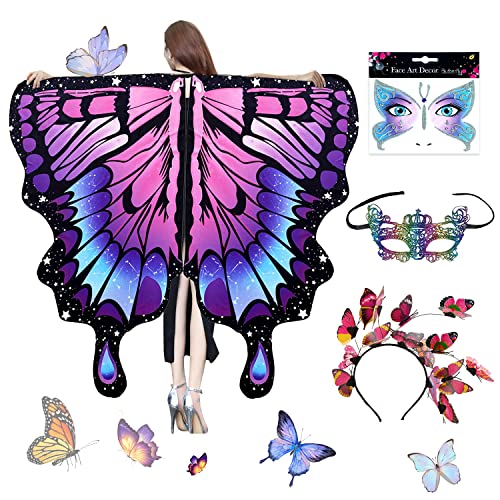 Schmetterling Kostüm Damen,Damen Schmetterling Kostüm Umhang + Schmetterling Haarreif + Schmetterling Gesicht Aufkleber Schmetterlingsflügel Erwachsene für Halloween Fasching Party Cosplay (Lila) von Ronronner