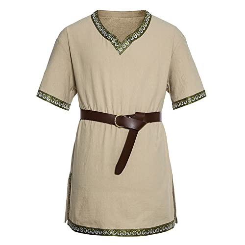 Roobeety Herren Mittelalter Tunika Ailrik mit Bordüre Männer Vintage Kurzarm Wikinger Hemd Kriege Verkleidung Renaissance Pirat Halloween Wikinger Tunika Ritter Cosplay Party Kostüm für Karneval von Roobeety