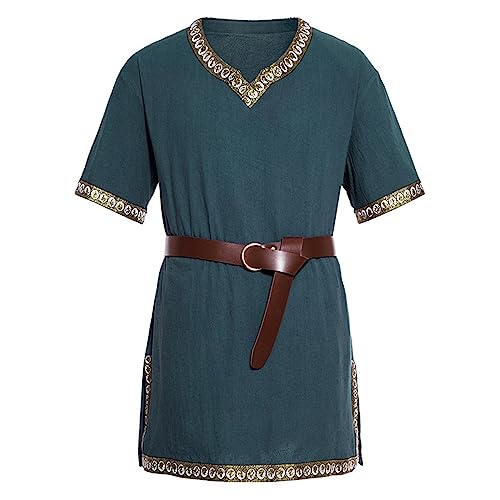 Roobeety Herren Mittelalter Tunika Ailrik mit Bordüre Männer Vintage Kurzarm Wikinger Hemd Kriege Verkleidung Renaissance Pirat Halloween Wikinger Tunika Ritter Cosplay Party Kostüm für Karneval von Roobeety