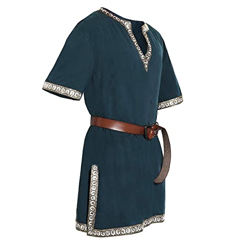 Roobeety Herren Mittelalter Tunika Ailrik mit Bordüre Männer Vintage Kurzarm Wikinger Hemd Kriege Verkleidung Renaissance Pirat Halloween Wikinger Tunika Ritter Cosplay Party Kostüm für Karneval von Roobeety