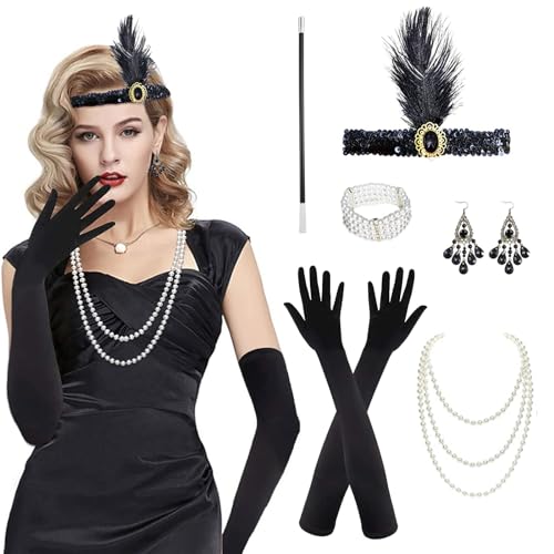 Roontin 8 Stück 20s Kostüm Damen, 20er Jahre Accessoires Flapper Great Gatsby Accessoires, 1920er Jahre Zubehör mit Stirnband Handschuhen Halskette Armband Ohrringen Spitze Faltfächer, V1 von Roontin