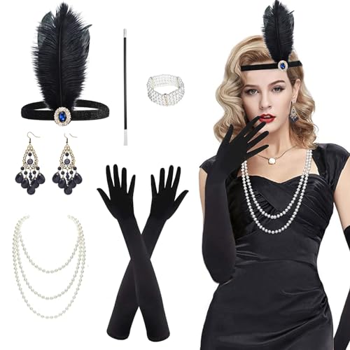 Roontin 8 Stück 20s Kostüm Damen, 20er Jahre Accessoires Flapper Great Gatsby Accessoires, 1920er Jahre Zubehör mit Stirnband Handschuhen Halskette Armband Ohrringen Spitze Faltfächer, V2 von Roontin