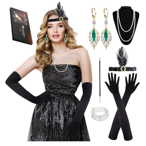 Roontin 8 Stück 20s Kostüm Damen, 20er Jahre Accessoires Flapper Great Gatsby Accessoires, 1920er Jahre Zubehör mit Stirnband Handschuhen Halskette Armband Ohrringen Spitze Faltfächer, V3 von Roontin