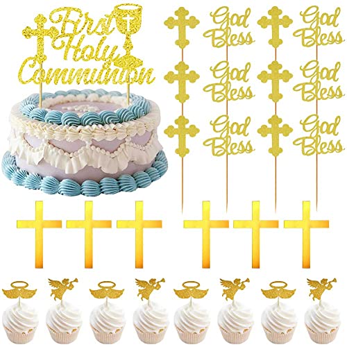 Kommunion Tortendeko,35 PCS Glitzer Gold First Holy Communion Kuchen Topper,Cake Topper Gold Acryl,Taufe Cake Topper,mit Engel Taube Kreuz Heiliger Gral Muster Kuchendekoration,für Erstkommunion von Ropniik