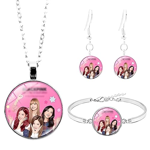 Ropniik Kpop Black-P Merchandise Geschenke Set Black-P Anhänger Halskette,Armbänder,Ohrringe,Black-P Schmuck Set für Weibliche Fans von Ropniik