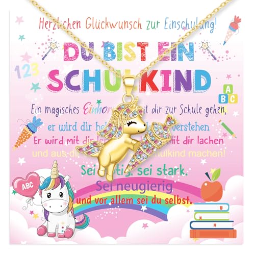 Rorchio Einschulung Geschenk Mädchen, Einhorn Schultüte Füllung Gold Halskette Schulanfang Geschenke Plus Grußkarte für Schulkind Tochter Enkelin Nichte von Rorchio