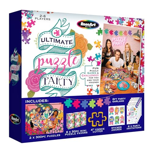 RoseArt Ultimate Puzzle Party Game Night in A Box Complete with (2) 300 Piece Jigsaw Puzzles, 6 Party Favors, 10.2 cm Cookie Cutter, Award Stickers, 6 Invitations and Party Garland, Fun for All Game von Rose Art