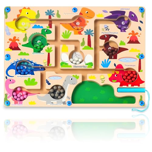 Magnetspiel Labyrinth Kinder Montessori Spielzeug ab 2 3 4 5 6 Jahre, Holzspielzeug Holzspielzeug Kinderspielzeug Lernspiele Busy Board, Dinosaur Theme Farben Sortierspiel Geschenke für Jungen Mädchen von Rosedreamer