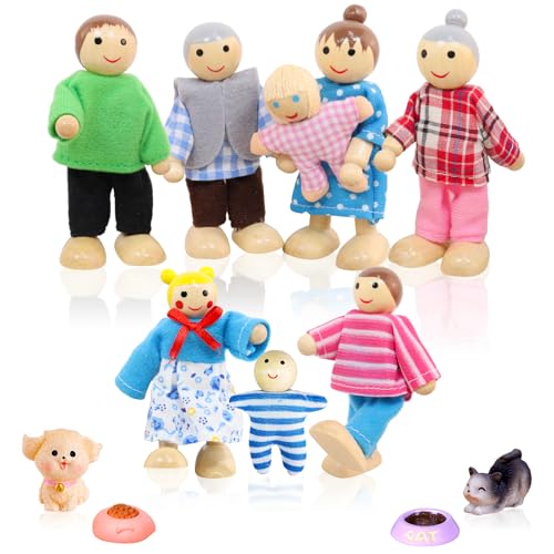 Rosedreamer Puppenhaus Puppen, 14 Stück Hölzerne Puppen Familie Set Biegepuppen Puppenfamilien Figuren mit Katze und Hund Spielzeug Mini Puppenfamilie für Puppenhaus Zubehör Geschenk von Rosedreamer