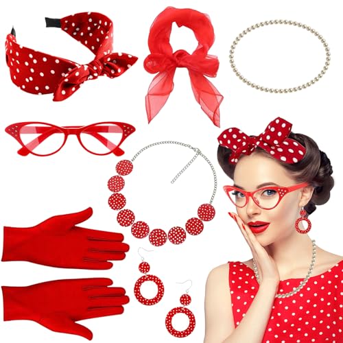 Rockabilly Accessoires Damen 50er Jahre 9 Stück Kostüm Damen Zubehör 1950s Set mit Ohrringe, Chiffon, Schal, Katzenauge Brille, Stirnband, Handschuhe 50er Jahre Outfit Damen für Karneval Retro (Rot) von Rosedreamer