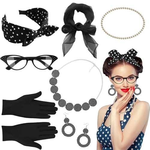 Rockabilly Accessoires Damen 50er Jahre 9 Stück Kostüm Damen Zubehör 1950s Set mit Ohrringe, Chiffon, Schal, Brille, Stirnband, Handschuhe 50er Jahre Outfit Damen für Karneval Retro (Schwarz) von Rosedreamer