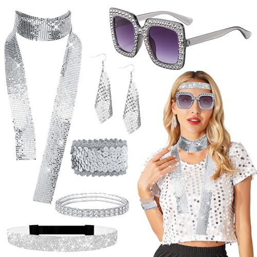 Rosedreamer 6 Stück Disco Glitzer Kostüm Accessoires, 70er Disco Kostüm Damen Pailletten Quaste Ohrringe Stirnband Armband Halskette Sonnenbrille 70er 80er Jahre Glitzer Outfit Kostüm Damen Fasching von Rosedreamer