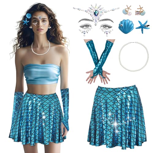 Damen Meerjungfrau Kostüm 8 Set, Fischschuppen Rock+Handschuhe Meerjungfrau+2 Haarspange+Seestern Ohrringe+Edelsteine Gesichtstattoo+Perlenkette für Karneval Mottoparty Kostüm Accessoires (Blue L) von RoserRose