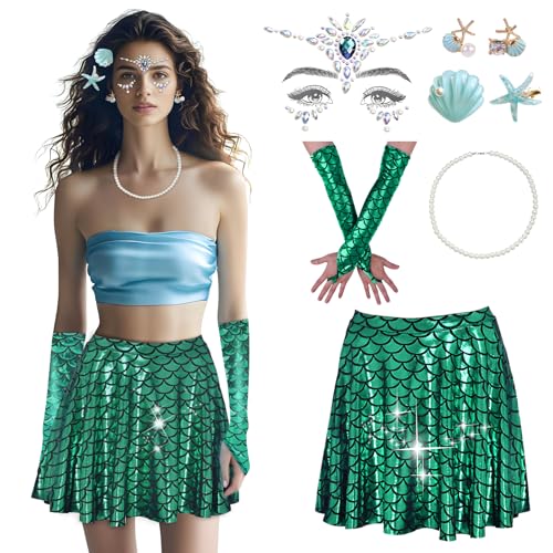 Damen Meerjungfrau Kostüm 8 Set, Fischschuppen Rock+Handschuhe Meerjungfrau+2 Haarspange+Seestern Ohrringe+Edelsteine Gesichtstattoo+Perlenkette für Karneval Mottoparty Kostüm Accessoires (Green M) von RoserRose