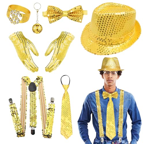 RoserRose 70er 80er Jahre Glitzer Accessoires Herren, Glitzer Outfit Herren, Disco Kostüm Herren, mit Pailletten Hut, Hosenträger, Fliege, Krawatte, Pailletten Kostüm für Fasching Party von RoserRose