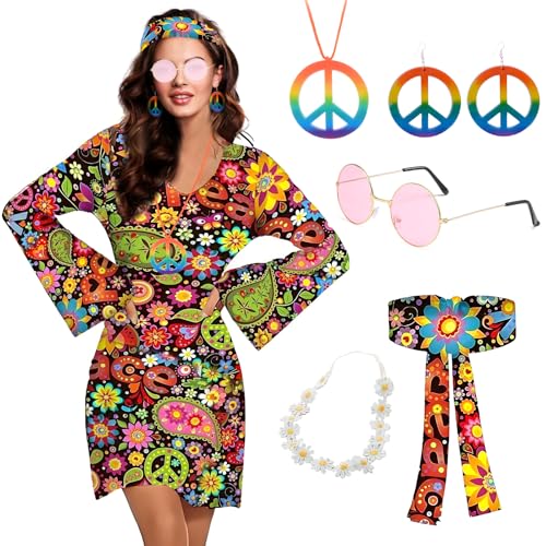 RoserRose 70er Jahre Outfit Damen Hippie Kleidung, Hippie Kostüm Damen Hippie Kleid, mit Hippie Brille Haarband Blumengirlande Halskette Ohrringe, für Karneval Party Halloween Kostüm (Bunt-A, L) von RoserRose