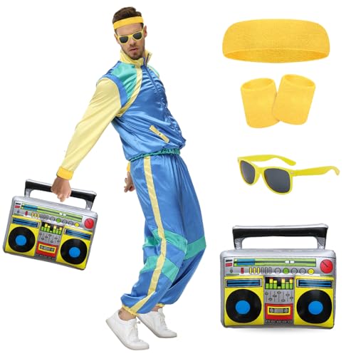 RoserRose 80er 90er Jahre Outfit Herren Damen, Kostüm 80er Jahre Trainingsanzug Jacke Hose Anzug mit Accessoire, 90er Retro Style Jogginganzug Bad Taste Outfit für Karneval Fasching Party (Blau, S) von RoserRose