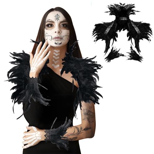 RoserRose Federkragen Schwarz mit Feder Manschetten, Black Swan Kostüm Gothic Federkragen Feder Achselzucken, Raben Kostüm Federumhang Schwarz für Halloween Karneval Maskerade Cosplay von RoserRose