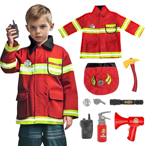 RoserRose Kinder Feuerwehrmann Kostüm Set, Waschbar Feuerwehr Kostüm für Kinder, Inklusive Feuerwehrhelm, Feuerlöscher und Walkie-Talkie - Ideales Rollenspiel Spielzeug für Jungen Karneval Halloween von RoserRose