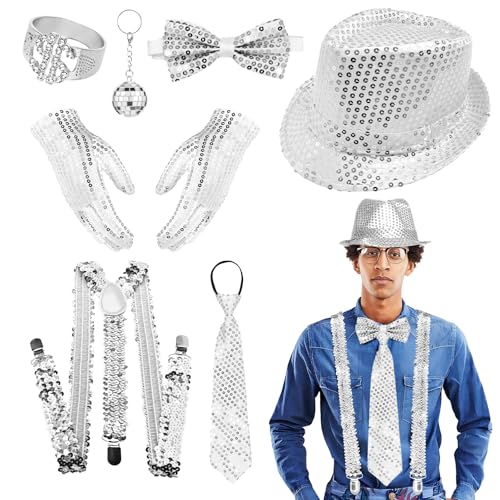 RoserRose Glitzer Kostüm Herren, Glitzer Outfit Herren, Glitzer Accessoires Herren, Disco Kostüm Herren, Glitzer Hut Krawatte Fliege Hosenträger, Glitzeranzug für Karneval Fasching von RoserRose