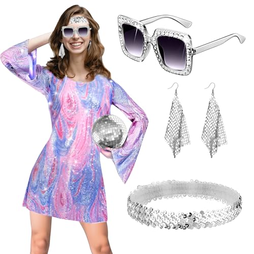 RoserRose Hippie Kleidung Damen, 5 StüCk 60 Er 70er Jahre Hippie Kleid, Halskette Ohrringe Sonnenbrille Disco Fever Kleidung Frau Frauen Damen Kleid FüR Karneval Motto Party (Pink, L) von RoserRose