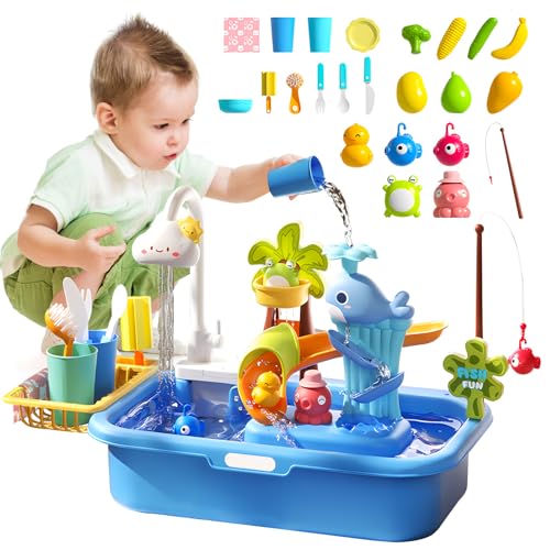 RoserRose Spielspüle Spielzeug mit elektrischem Wasserhahn, Spielzeugzubehör für Spielküche, schwimmendes Angelspielzeug für Wasserspiel, Rollenspiel für Kinder von RoserRose