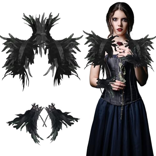 RosyFate Federkragen Schwarz, Federumhang Schwarz mit Feder Manschetten, Maleficent Kostüm, Gothic Federn Schulter, Pfau Kostüm, für Cosplay Partys Feste Karneval von RosyFate