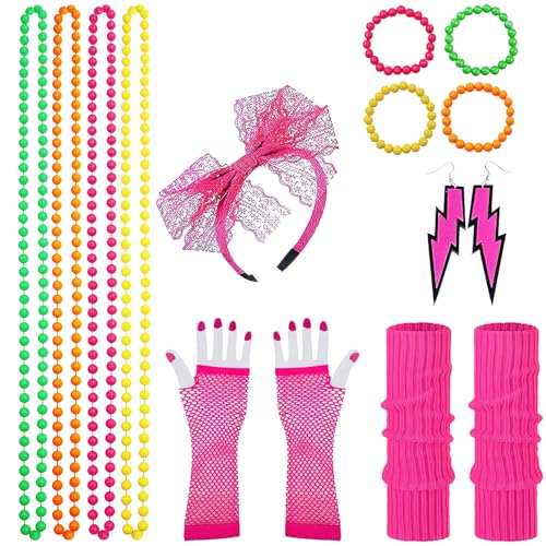 RosyFate 80er Jahre Outfit Damen, Kostüm 80er Jahre Damen, Netzhandschuhe Pink, Stulpen Pink, Stirnband, Halskette, Armband, Ohrringe, 80 Jahre Outfit Damen Neon von RosyFate