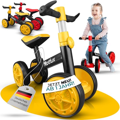 Rotfux Kinder Laufrad ab 1 Jahr [mitwachsend], Rutschauto mit 4 Rädern, Geschenk für Jungen und Mädchen zum Geburtstag, Indoor und Outdoor Spielzeug, (Gelb) von Rotfux