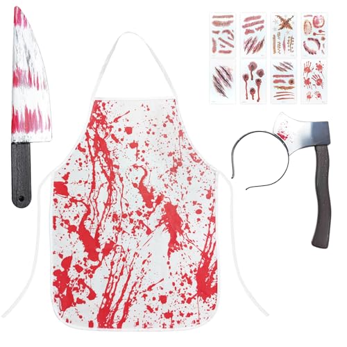 Rotumaty Halloween-Kostüme, Stirnband, Schürze, Set – Axt-Stirnband, blutige Metzger-Schürze, gefälschtes Messer, gruselige Tattoos, Zombie-Kostüm, Halloween-Requisiten, Party, Cosplay für Damen, von Rotumaty