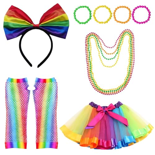 Haarreif Karneval, Regenbogen Kostüm Damen Clown Kostüm mit Regenbogen Rock Tüllrock Bunt Accessoires 80er Jahre Outfit Damen für Karneval Vintage Partys von Rouingdd